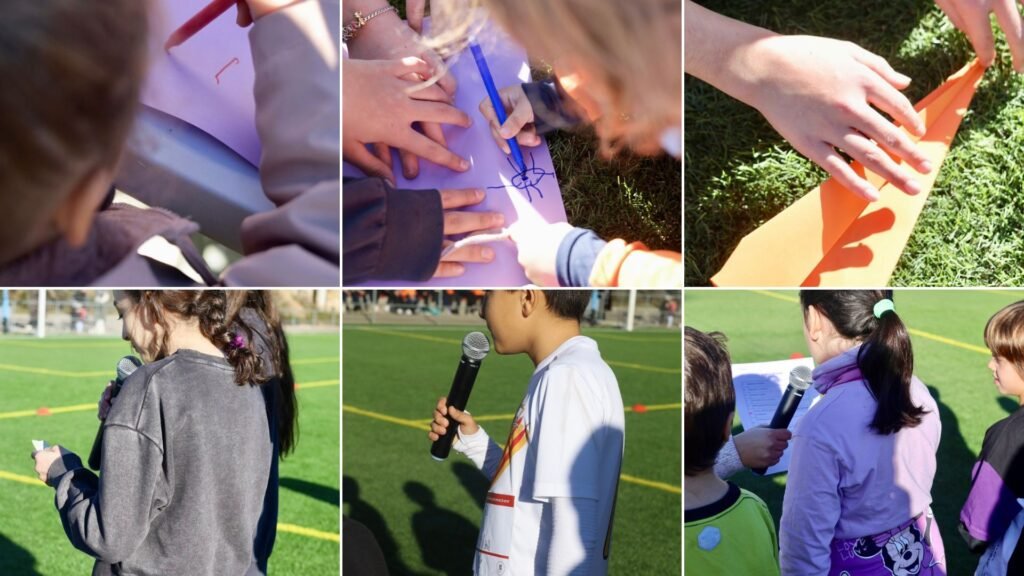 Nens i nenes de la Cursa Solidaria de l'Escola de La Torreta fent avions i els parlamants de l'¡inici.